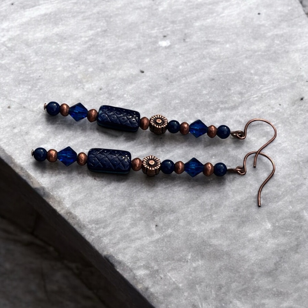 Handcrafted Blue and Copper Beaded Earrings - Picture 8 of 11